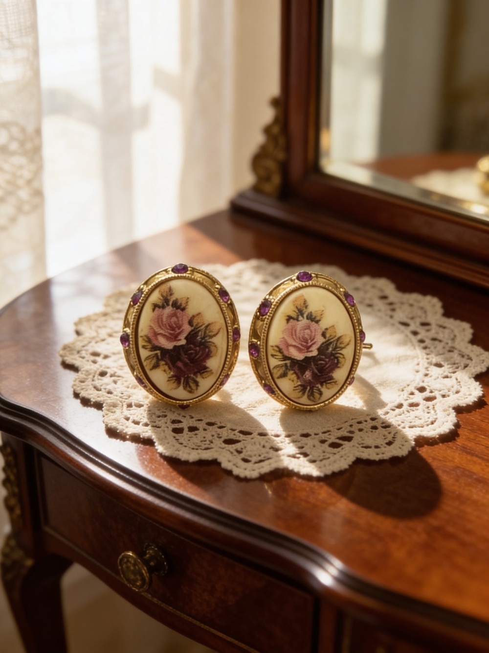 1928 Jewelry Co. Victorian Rose Oval Pierced Earrings | Gold Tone | Purple stone